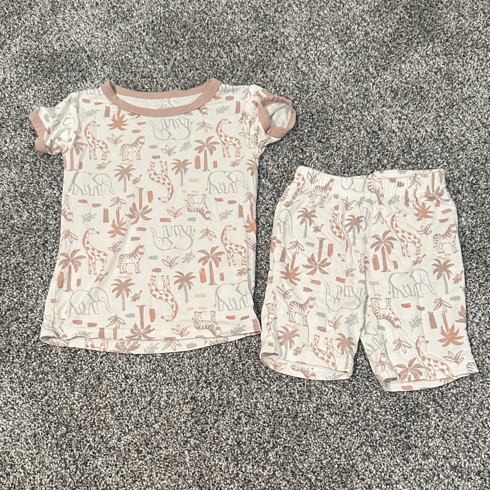 Kids Safari Print Bamboo Short Pajama Set - Cream with Light Brown Trim